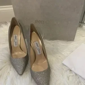 JIMMY CHOO ROMY 100 36½ PLATINUM ICE Platinum Ice Dusty Glitter Pointy Toe Pumps | Romy 100